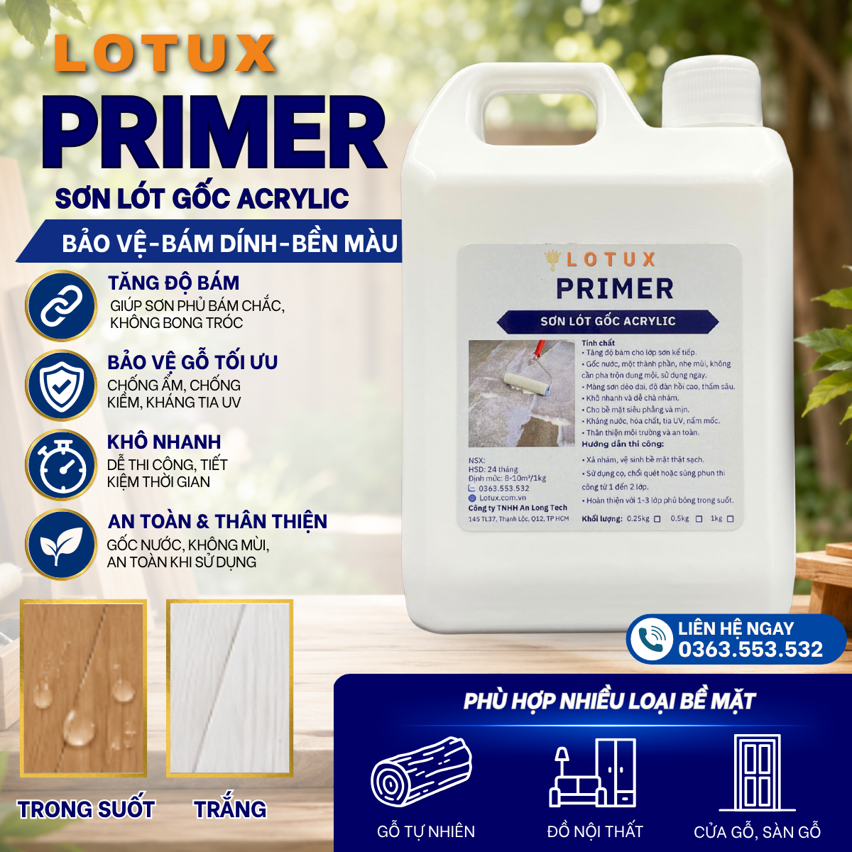 LOTUX PRIMER - SƠN LÓT GỐC ACRYLIC Lớp nền vững chắc cho bề mặt gỗ bền đẹp theo thời gian